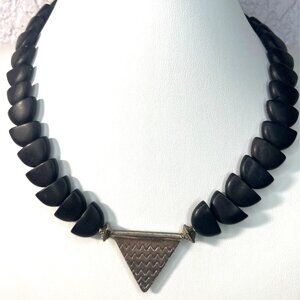 Artisan Black Onyx Bead Necklace Sterling Silver Pendant Ethnic Statement Tribal